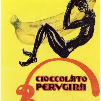 In questo manifesto pubblicitario degli anni Venti, un nuovo cioccolatino si ispira al prodotto coloniale, la grafica si adegua